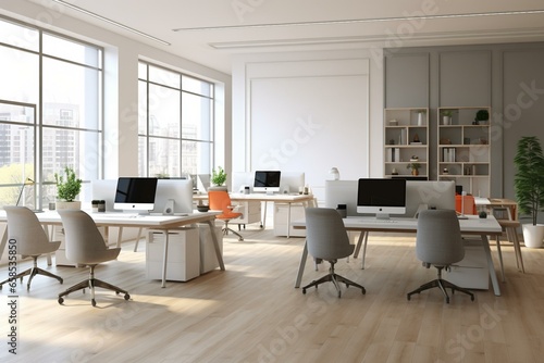 Front view coworking office with modern computers  white work tables  grey chairs  wooden parquet floor  light grey wall background. Generative AI