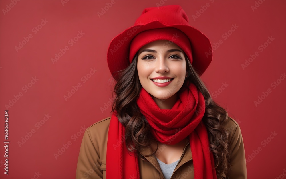 Happy Woman with Red Scarf and Hat with Space for Copy on a Red Background Happy Woman with Red Scarf and Hat with Space for Copy on a Red Background