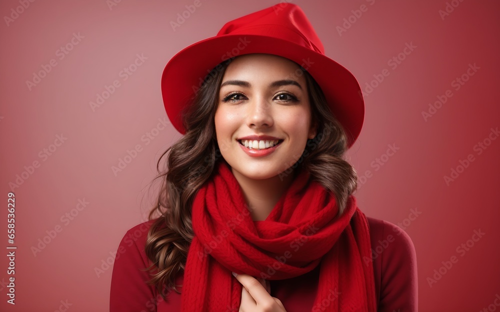 Happy Woman with Red Scarf and Hat with Space for Copy on a Red Background Happy Woman with Red Scarf and Hat with Space for Copy on a Red Background
