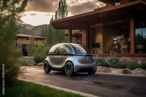 Innovative electric vehicle parked outside residence. Generative AI © Ayub