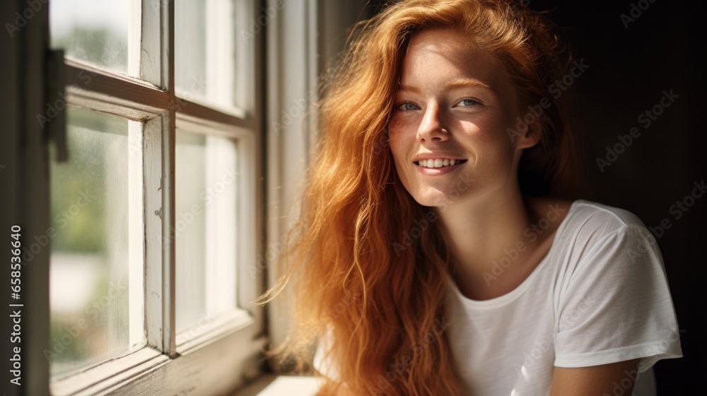 Beautiful happy ginger woman in loose home clothes at the window. Portrait of a smiling lady. Feminine beauty. Beautiful happy ginger woman in loose home clothes at the window. Portrait of a smiling lady. Feminine beauty.