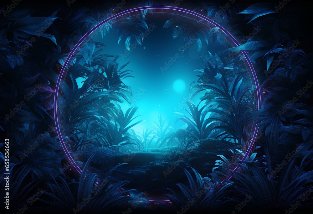 blue neon frame background, in the style of enigmatic tropics, nature-inspired, fisheye effects, highly detailed foliage, neon realism. generative AI