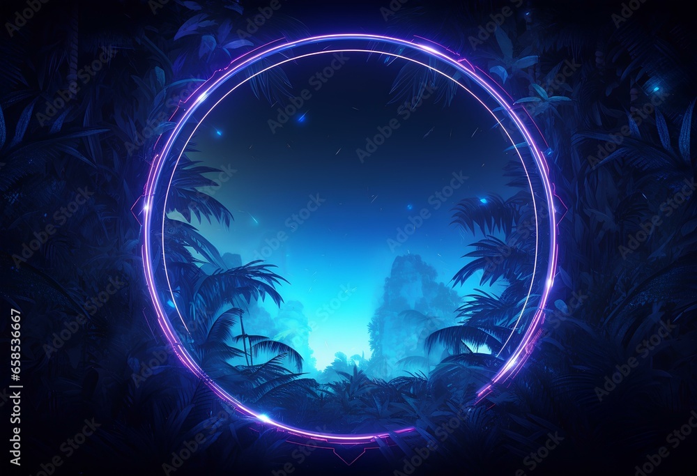 blue neon frame background, in the style of enigmatic tropics, nature-inspired, fisheye effects, highly detailed foliage, neon realism. generative AI