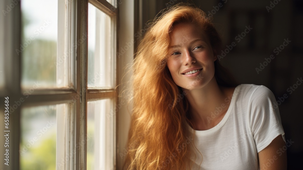 Beautiful happy ginger woman in loose home clothes at the window. Portrait of a smiling lady. Feminine beauty. Beautiful happy ginger woman in loose home clothes at the window. Portrait of a smiling lady. Feminine beauty.