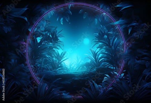 blue neon frame background  in the style of enigmatic tropics  nature-inspired  fisheye effects  highly detailed foliage  neon realism. generative AI