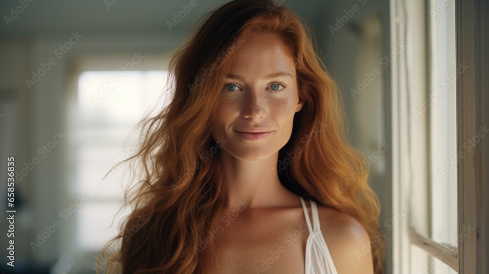 Beautiful happy ginger woman in loose home clothes at the window. Portrait of a smiling lady. Feminine beauty. Beautiful happy ginger woman in loose home clothes at the window. Portrait of a smiling lady. Feminine beauty.