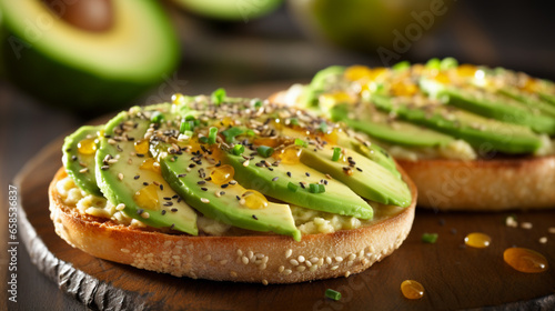 A toasted English muffin is topped with creamy avocado, adorned with a sprinkle of salt and pepper. It's a delicious blend of crunchy and smooth textures, a perfect breakfast or snack.