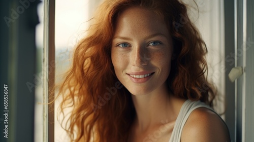 Beautiful happy ginger woman in loose home clothes at the window. Portrait of a smiling lady. Feminine beauty.