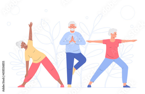 Elderly persons stretching, doing yoga. Exercise for concentration and attention, internal balance. Healthy and active lifestyle for old people.