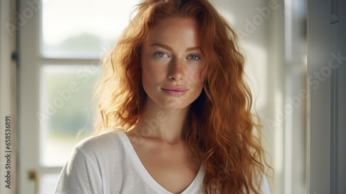 Beautiful happy ginger woman in loose home clothes at the window. Portrait of a smiling lady. Feminine beauty.