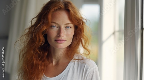 Beautiful happy ginger woman in loose home clothes at the window. Portrait of a smiling lady. Feminine beauty.