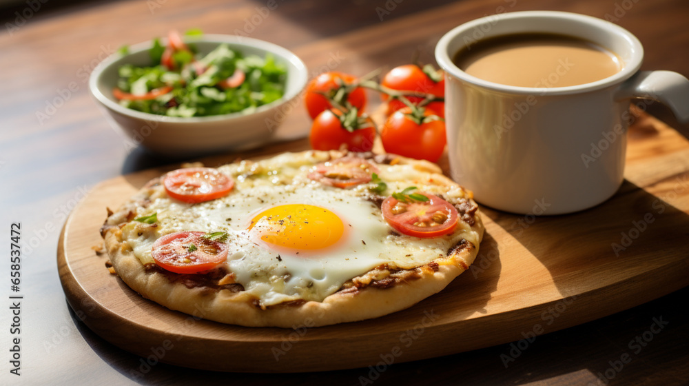 An English muffin breakfast pizza features a crispy muffin crust, layered with eggs, melted cheese, and savory toppings like bacon or sausage. A delicious morning treat