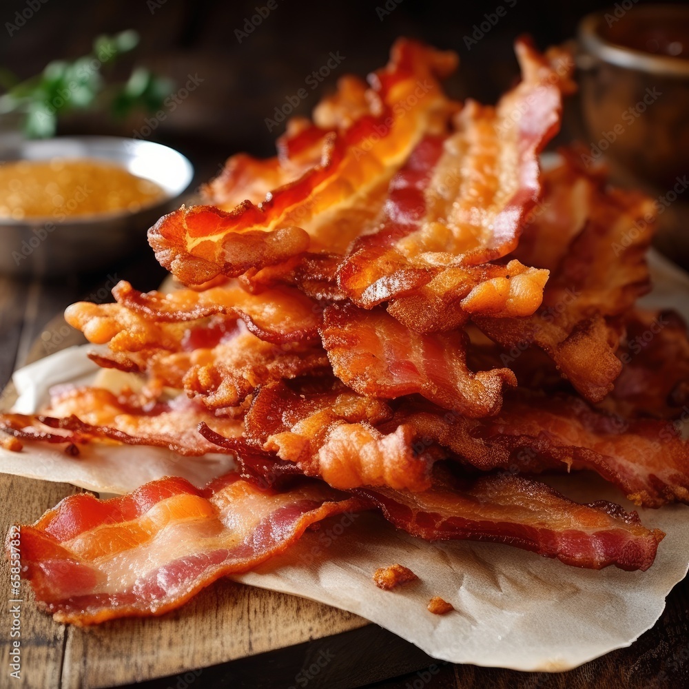 Tasty crispy slices of bacon on a dark background. Generative AI. Tasty crispy slices of bacon on a dark background. Generative AI.