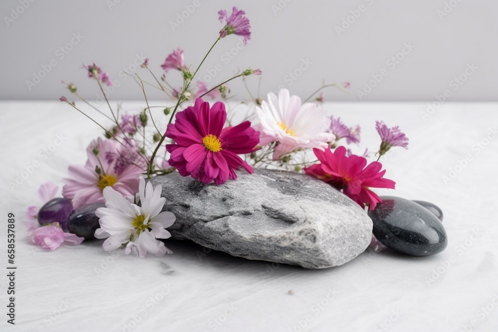 Floral arrangement with blossoms on stones against a white backdrop. Generative AI Floral arrangement with blossoms on stones against a white backdrop. Generative AI