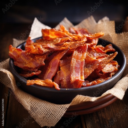 Tasty crispy slices of bacon on a dark background. Generative AI.
