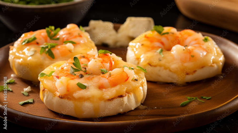 English muffin cheesy shrimp meltaways are savory delights. Juicy shrimp and gooey cheese top toasted muffins, creating a scrumptious seafood treat.