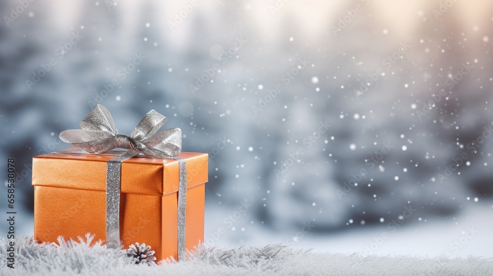 an orange gift box with a silver bow on a snowy day. generative ai an orange gift box with a silver bow on a snowy day. generative ai