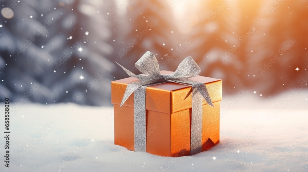  an orange gift box with a silver bow in the snow.  generative ai - obrazy, fototapety, plakaty 