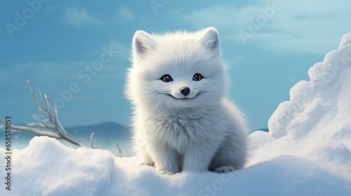  a white fox sitting in the snow with a blue sky in the background. generative ai