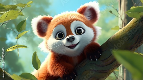  a red panda bear sitting on a tree branch with leaves.  generative ai