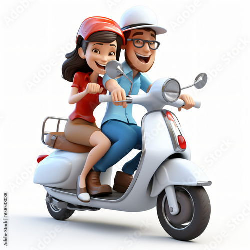 3d cartoon man and woman riding a scooter isolated on white background