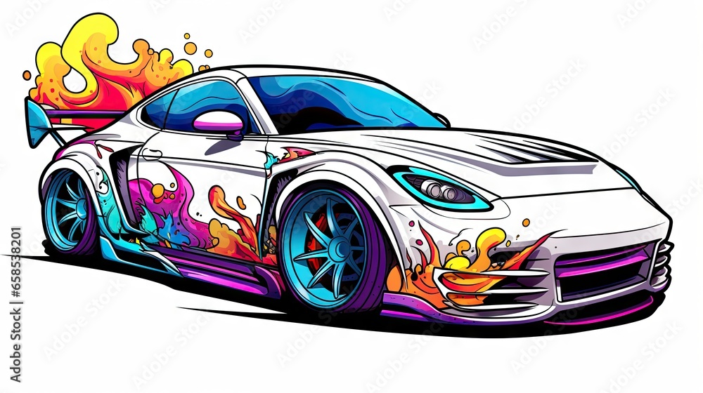  a white car with a colorful design on it's hood.  generative ai