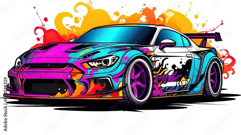  a colorful car painted with spray paint on a white background.  generative ai