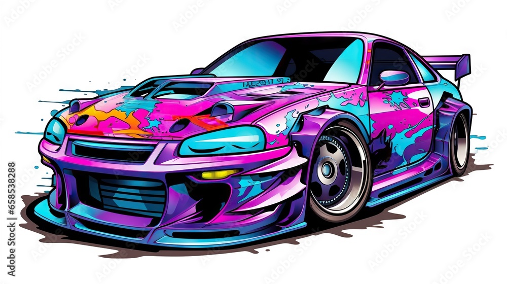a colorful car painted with spray paint on a white background. generative ai a colorful car painted with spray paint on a white background. generative ai