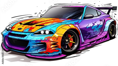  a colorful car painted with spray paint on a white background.  generative ai