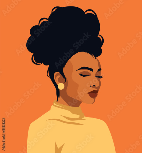 Vector portrait poster illustration afro black woman half side pose curly hairstyle avatar for social media
