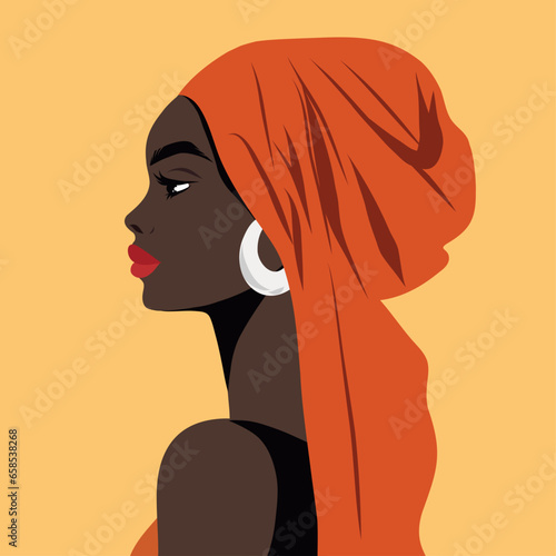 Vector portrait poster illustration of afro black woman pose sideways turban headscarf avatar for social networks