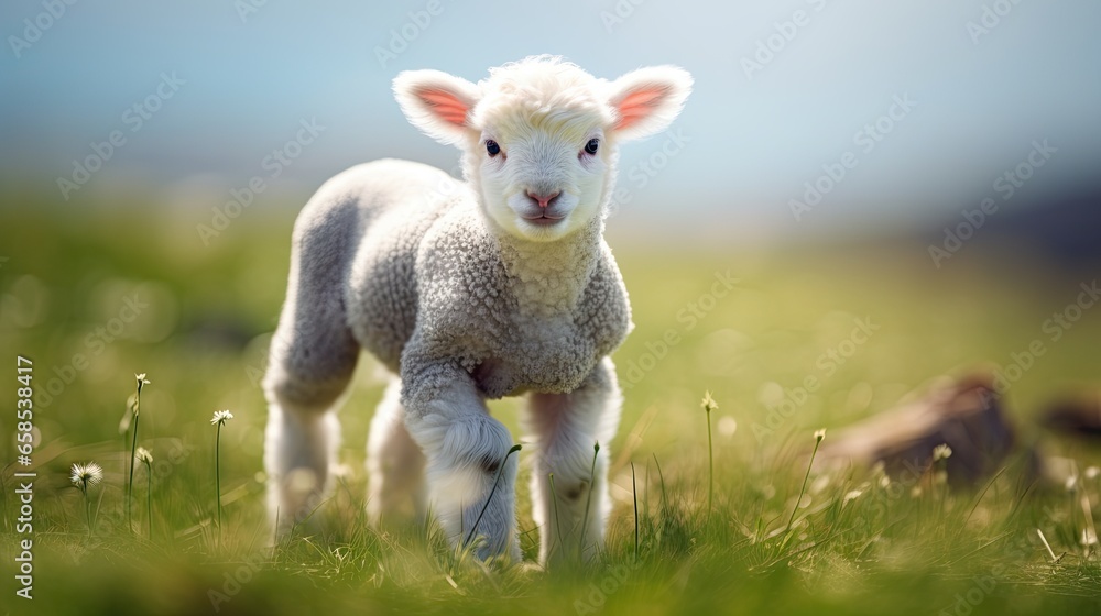 Fototapeta premium a small lamb standing in a field of grass with a blue sky in the background. generative ai