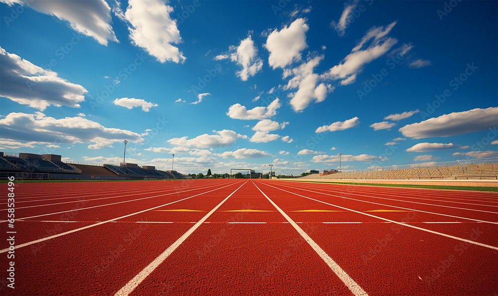 A vibrant athletics track and field