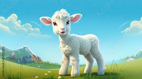  a white sheep standing on top of a lush green field.  generative ai