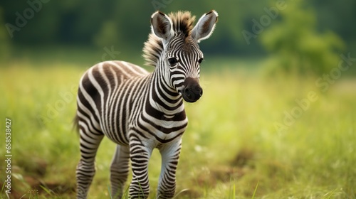  a baby zebra standing in the grass in a field of tall grass.  generative ai