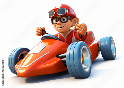 3d cartoon man driving racing car isolated on white background