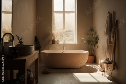 Create your own personal oasis with this luxurious bathroom complete with a freestanding tub and elegant sink, perfect for unwinding after a long day. AI Generative.