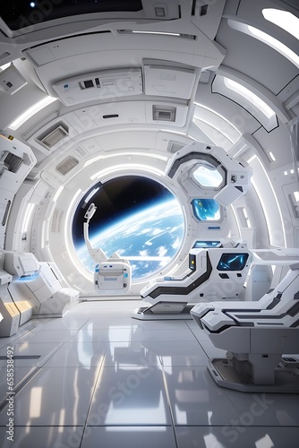 Imagine a futuristic interior design project set in a space station. space
