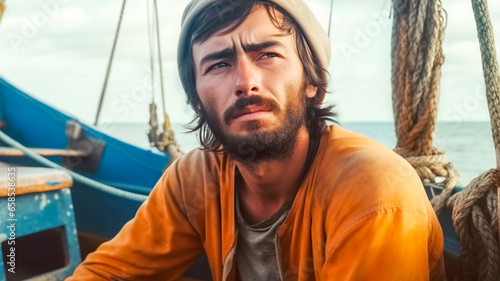Sea fisherman in a boat. Young man working in the seafood industry. Portrait on a small fishing boat.
