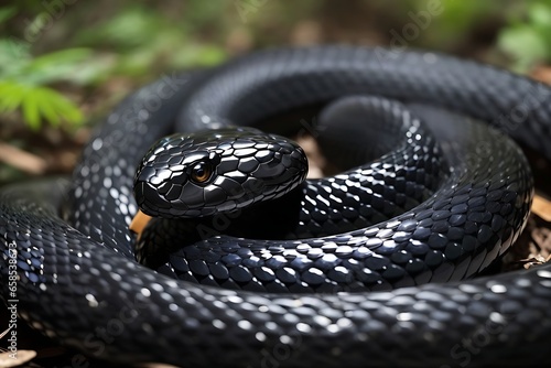 Imagine you are in a dense forest, and you've just come across a striking black snake with glistening scales. Its slender body is coiled gracefully, wildlife
