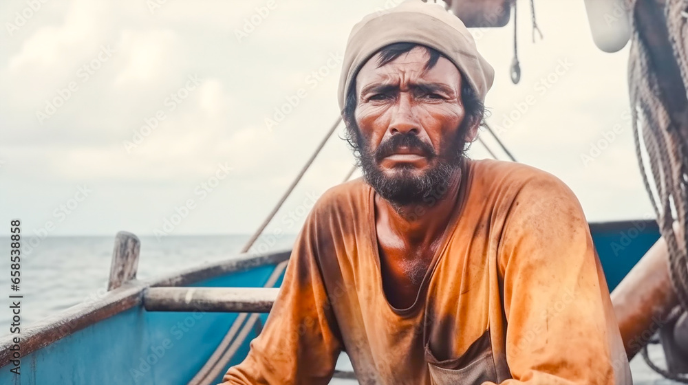 Sea fisherman in a boat. Young man working in the seafood industry. Portrait on a small fishing boat. Sea fisherman in a boat. Young man working in the seafood industry. Portrait on a small fishing boat.