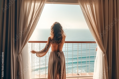 Fototapeta Rear view of woman opens curtains, relaxes and looks at beautiful panorama of seascape with rays of sunlight while on vacation on balcony in high quality hotel, feeling happy