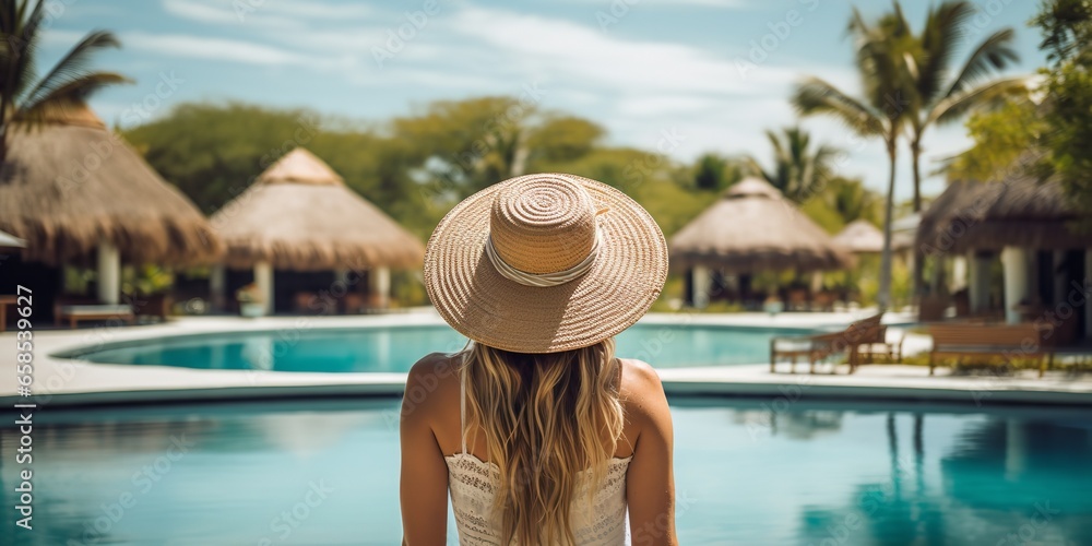 Fashionable woman in the back wearing a straw hat while on vacation at a lovely resort. Generative Ai.