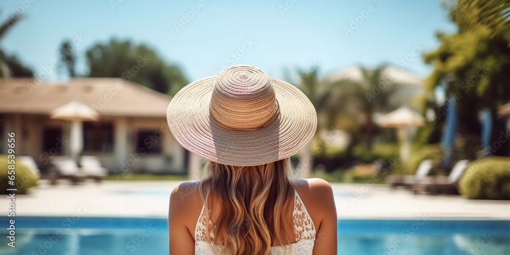 Fashionable woman in the back wearing a straw hat while on vacation at a lovely resort. Generative Ai.
