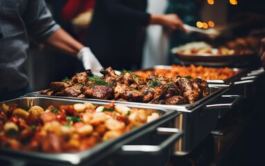 Catering buffet food indoor in restaurant or hotel with grilled meat and vegetables. Variety of street food. Group of people having lunch, banquet, festive event, party, or wedding reception.