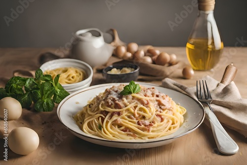 a plate of Spaghetti Carbonara with meat and vegetables