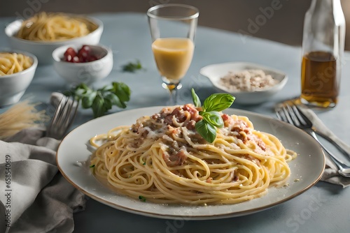 a plate of Spaghetti Carbonara with meat and vegetables
