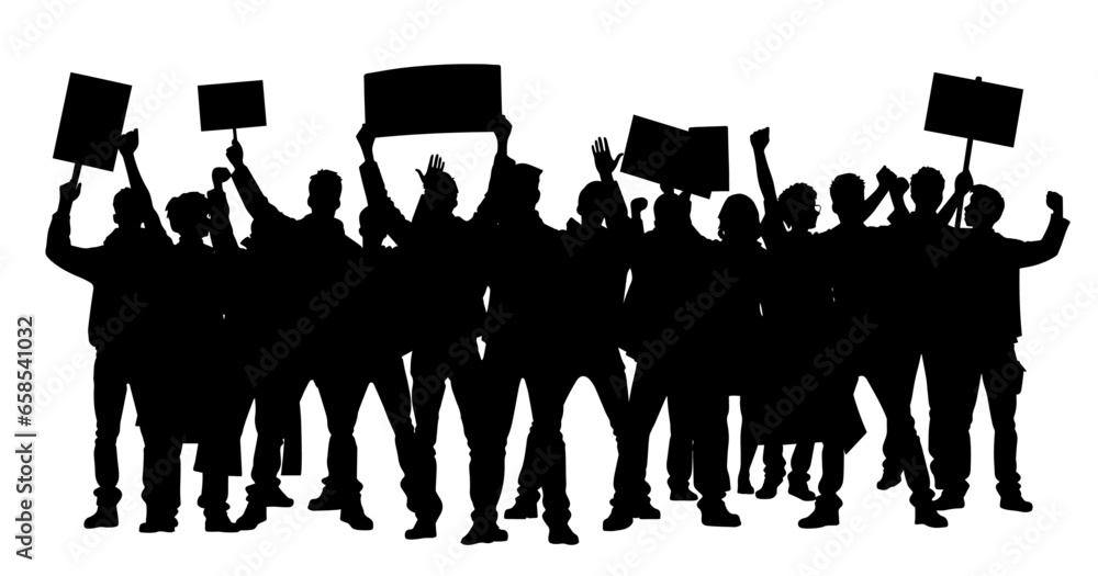 Protesters, enraged crowd of people silhouette. Silhouettes of crowd of people with raised up hands and flags. Iconic protester raised fist isolated - obrazy, fototapety, plakaty 