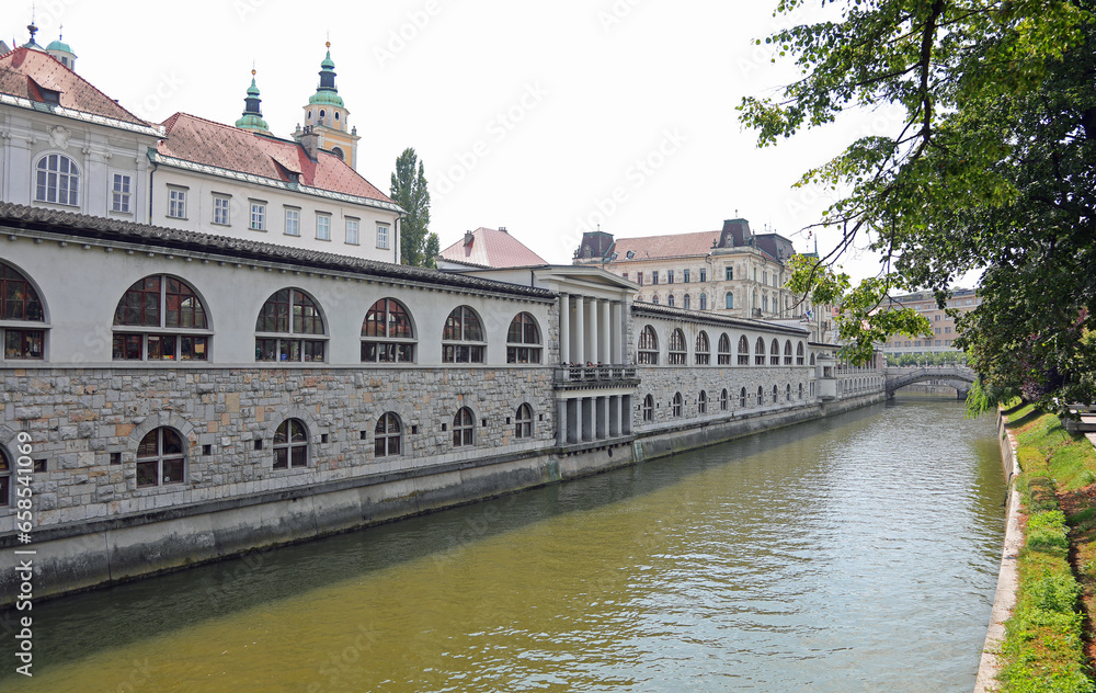 historic palace in neoclassical style in ljubljana City and RIVER ljubljanica in Slovenia Europe