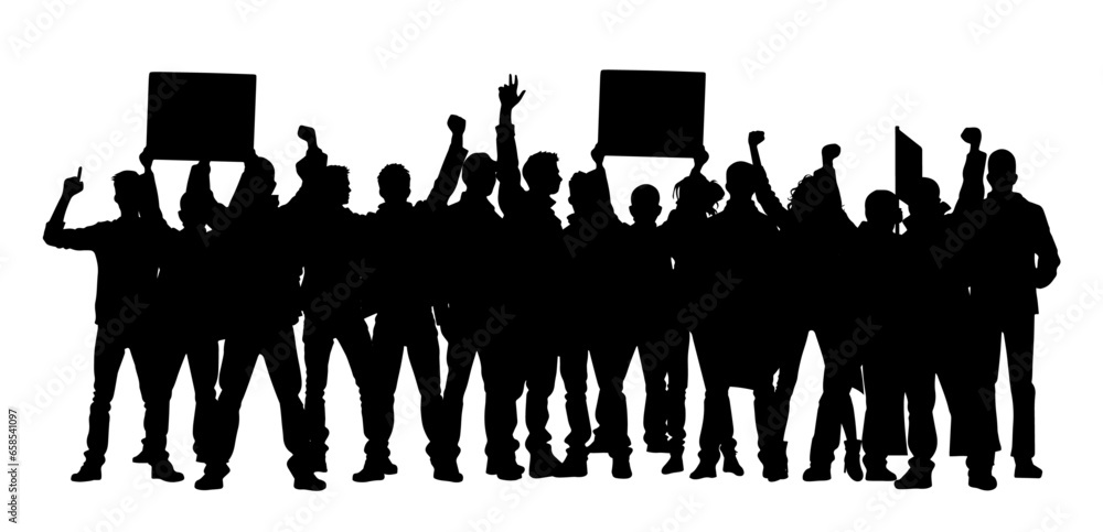 Protesters, enraged crowd of people silhouette. Silhouettes of crowd of people with raised up hands and flags. Iconic protester raised fist isolated - obrazy, fototapety, plakaty 